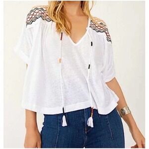 Free People Market Embroidery Tassel Tie V-Neck Dolman Sleeve Tee XL Over Sized